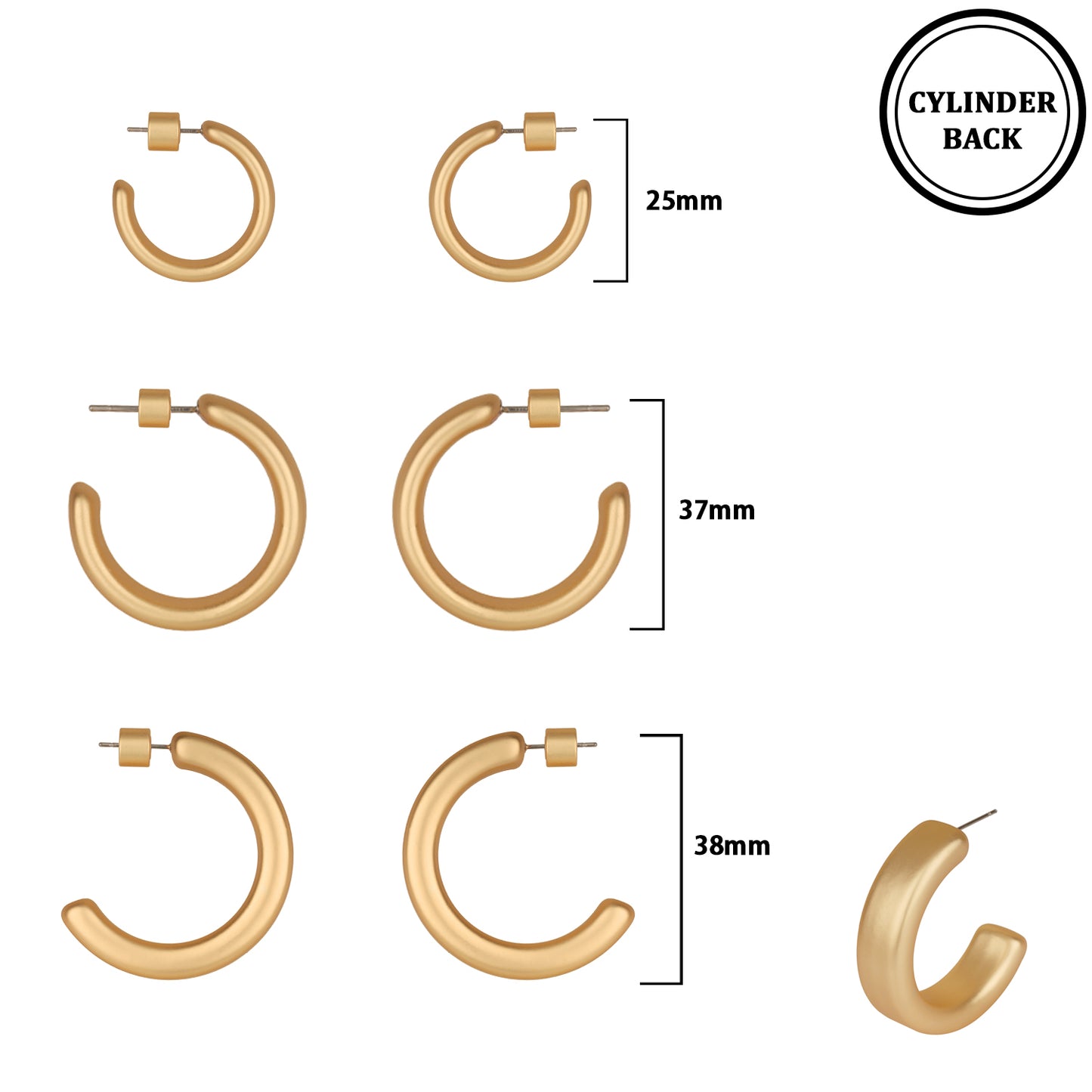 Set of 3 Matte Gold .75", 1", 1.25" Hoop Earring