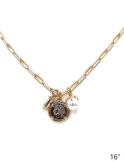Gold Chain with Crystal, Pearl, and Coin Charm 16"-18" Necklace