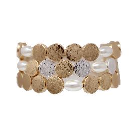 Gold Textured Disc with Pearl Accents Set of 3 Stretch Bracelets