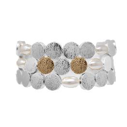 Silver Textured Disc with Pearl Accents Set of 3 Stretch Bracelets