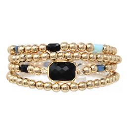 Set of 4 Gold Beaded and Black Rectangle Stone Stretch Bracelets