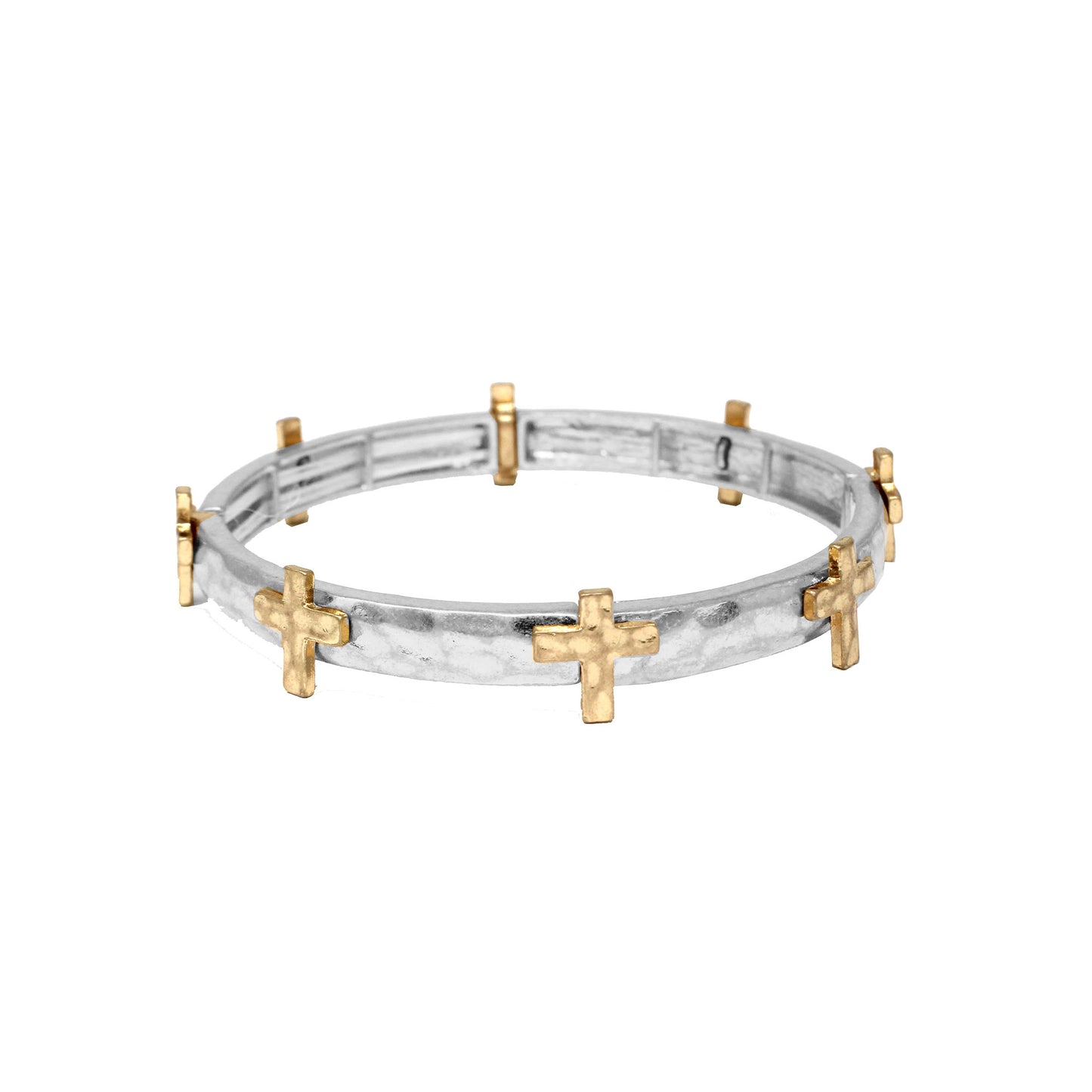 Silver Hammered Stretch Bracelet with Gold Cross Accents