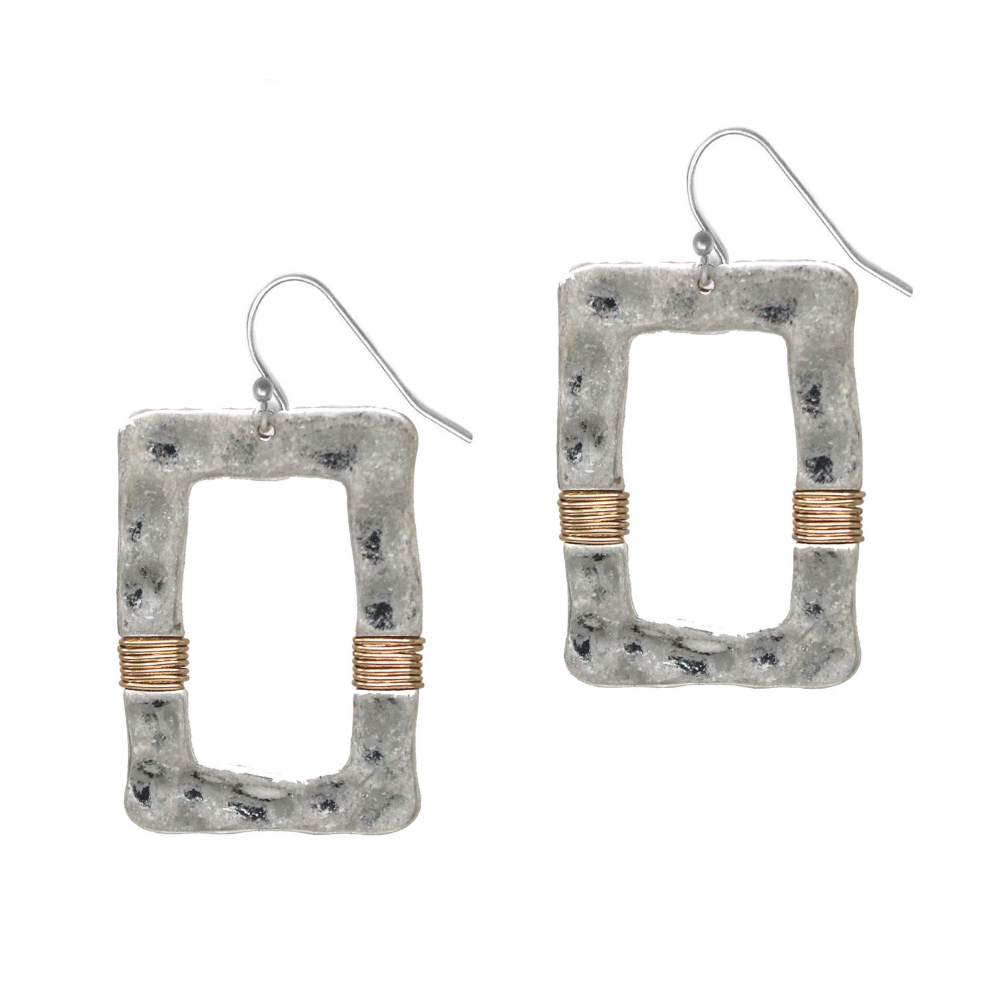 Hammered Rectangle Silver with Gold Wired Accent 2" Earring