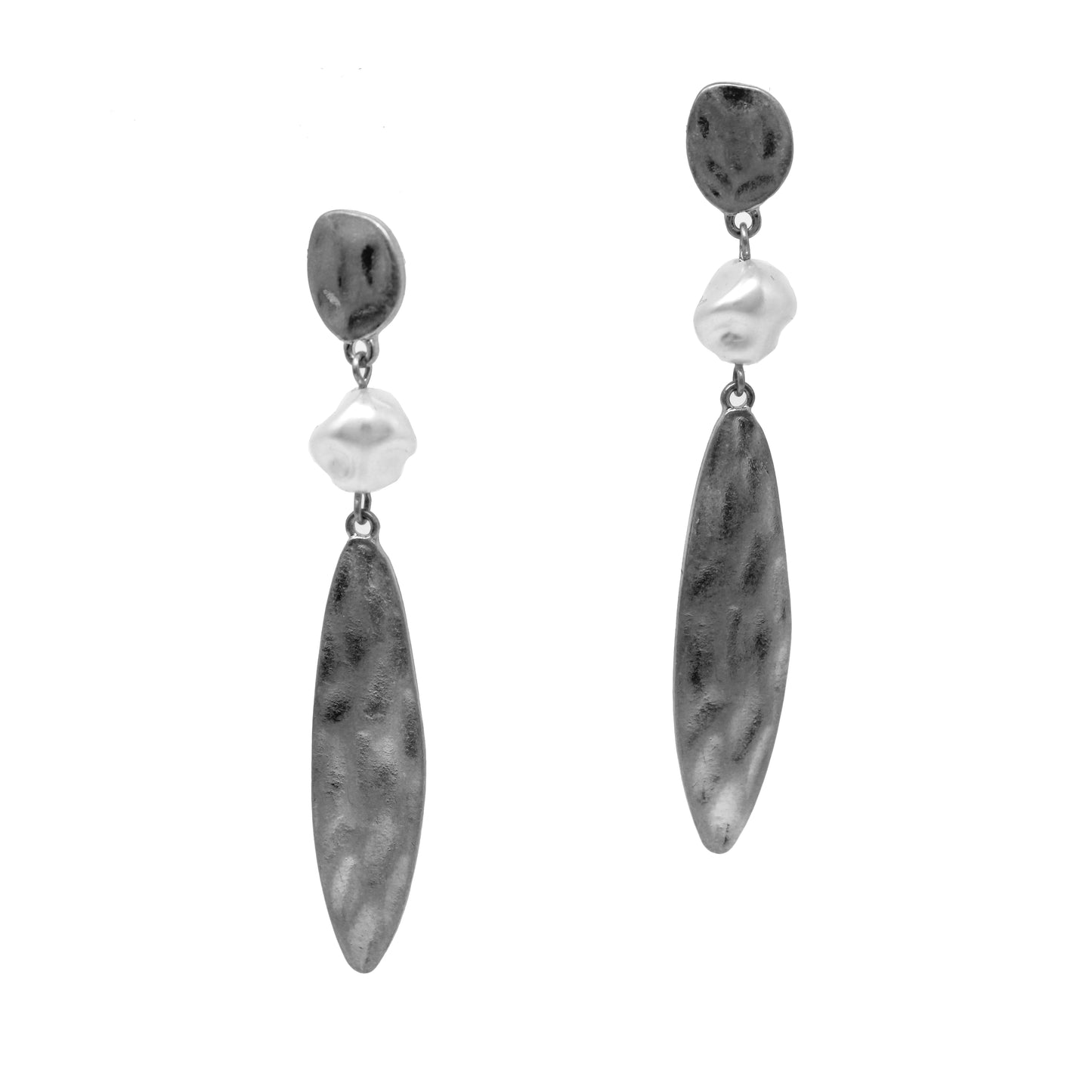Hammered Silver with Freshwater Pearl Geometric 2" Drop Earring