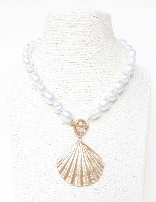 Freshwater Pearl with Gold Hammered Shell Charm 16"-18" Necklace