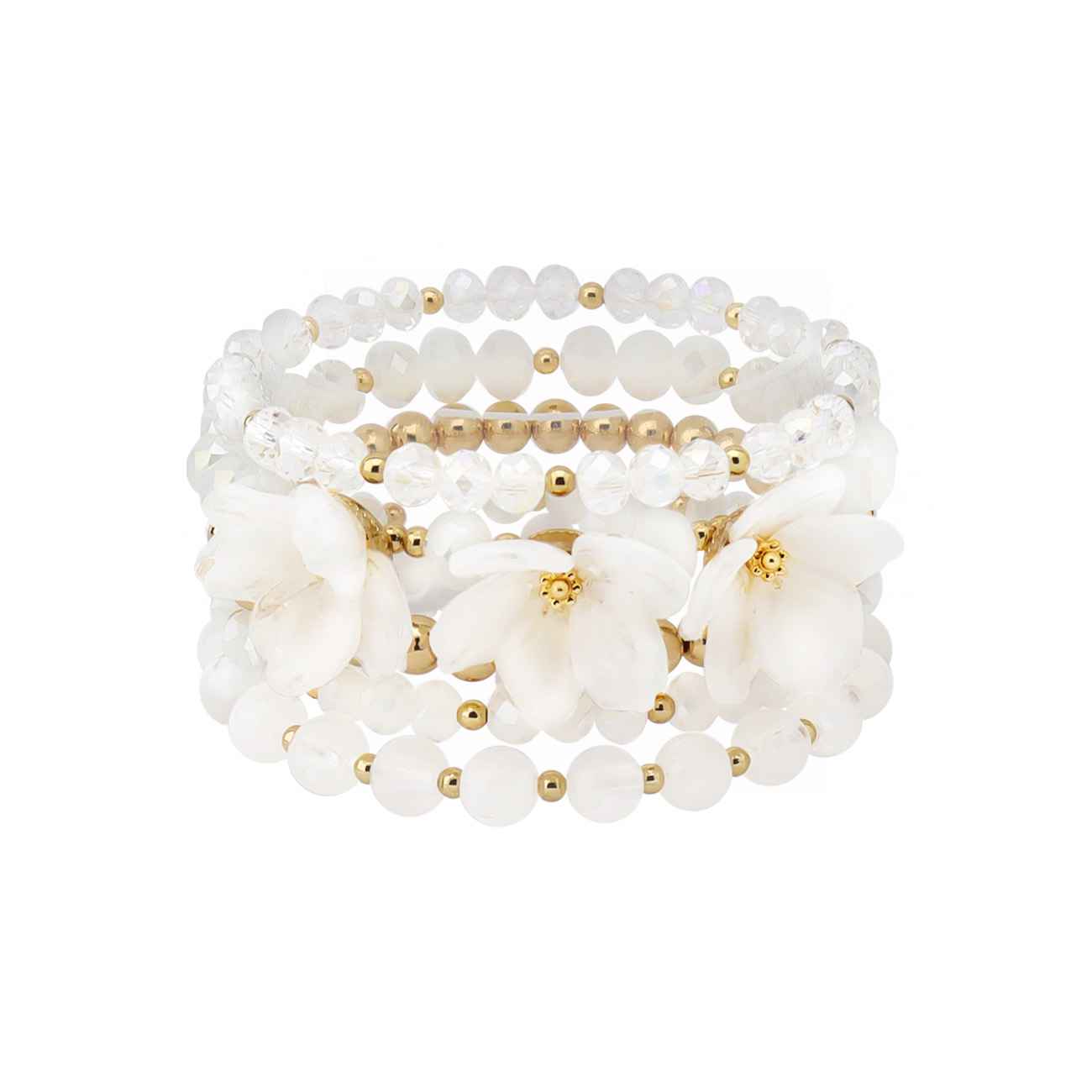 Set of 5 White Crystal and Gold with White Flowers Stretch Bracelet