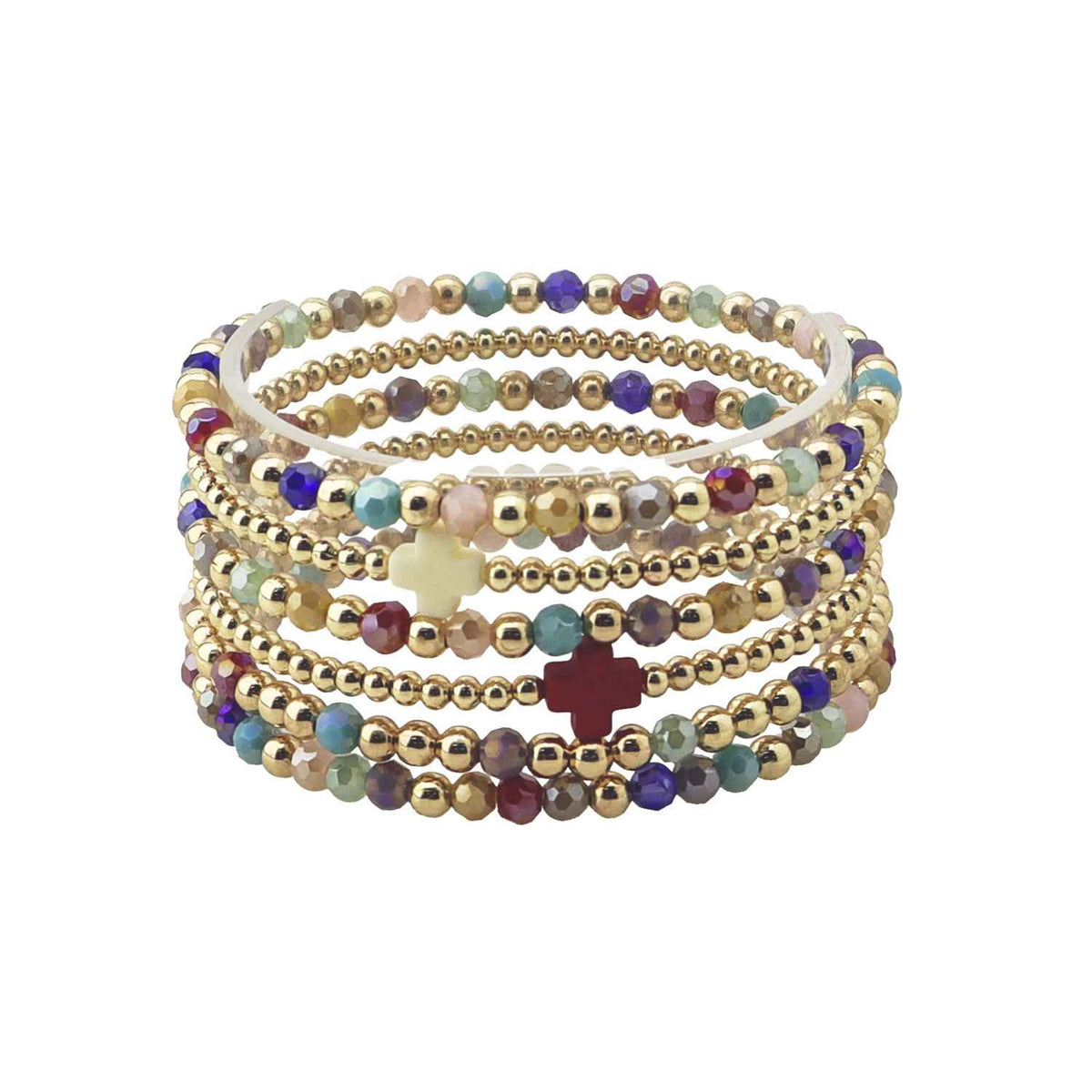 Multi Crystal with Gold and Cross Set of 6 Stretch Bracelets