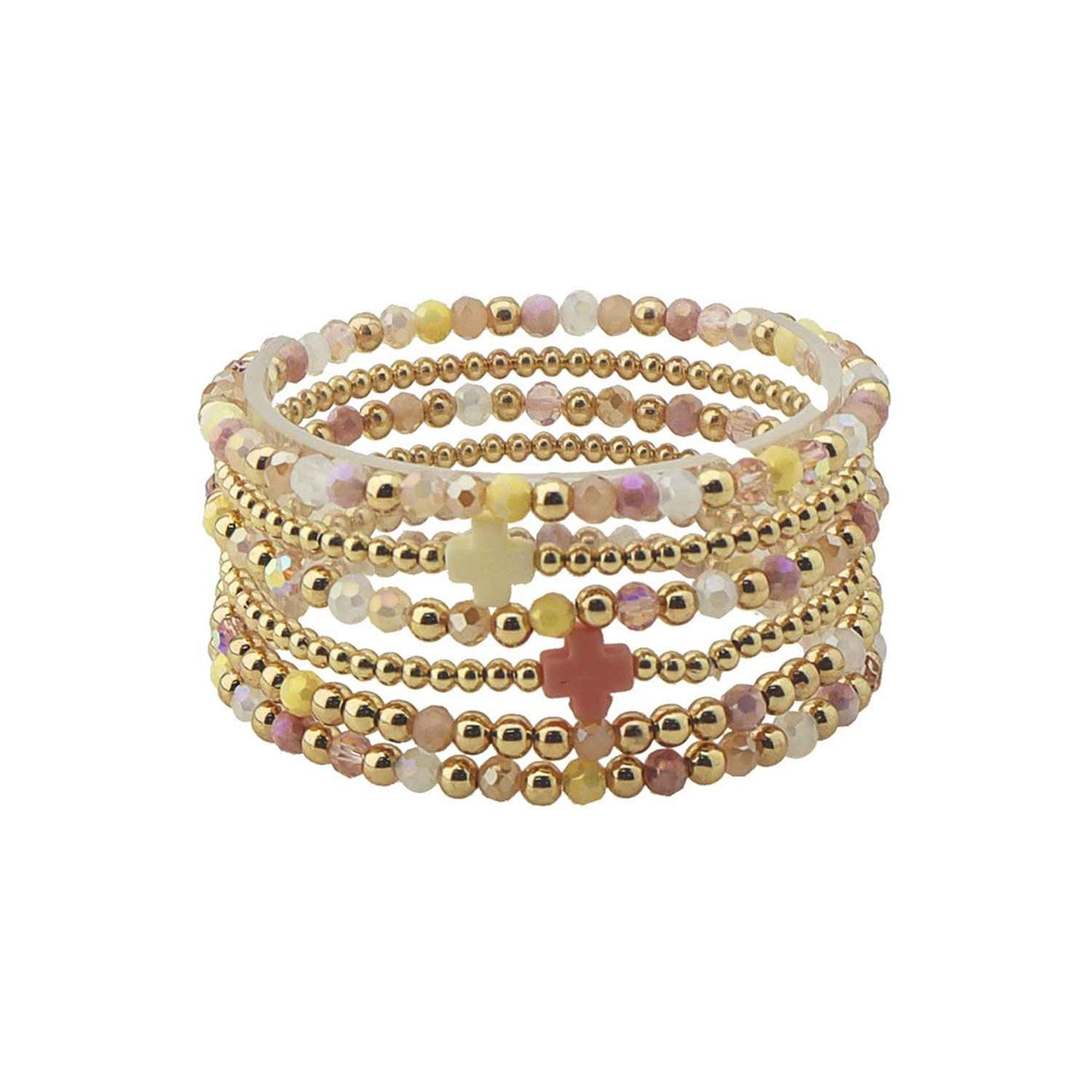 Set of 5 Gold and Pink Multi Crystal with Cross Stretch Bracelets
