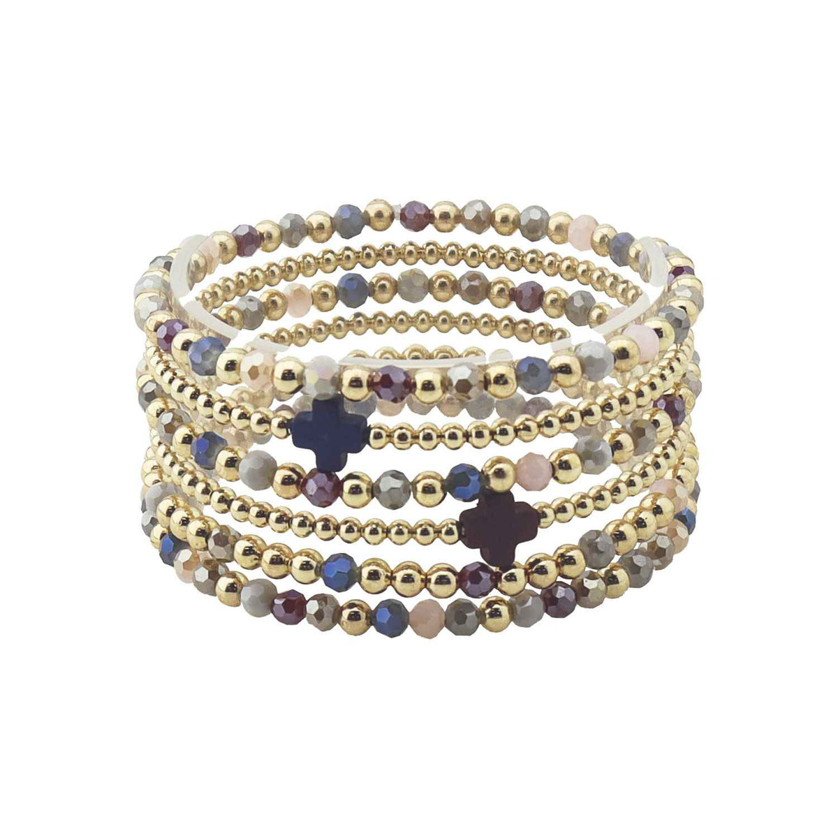 Dark Multi Crystal with Gold and Cross Set of 6 Stretch Bracelets