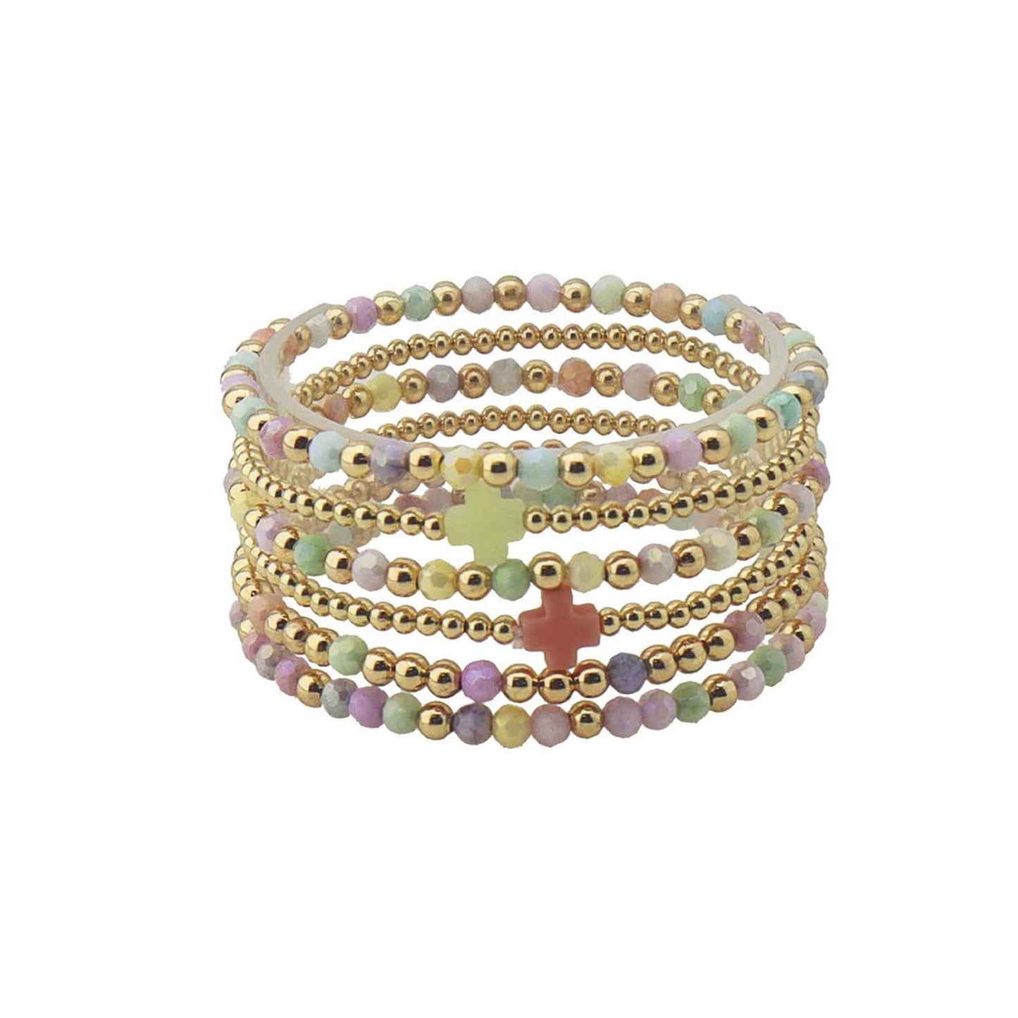 Set of 5 Gold and Light Multi Crystal with Cross Stretch Bracelets