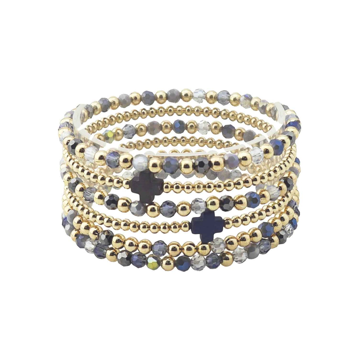 Grey Crystal and Gold Beaded Set of 5 with Grey Crosses Stretch Bracelet