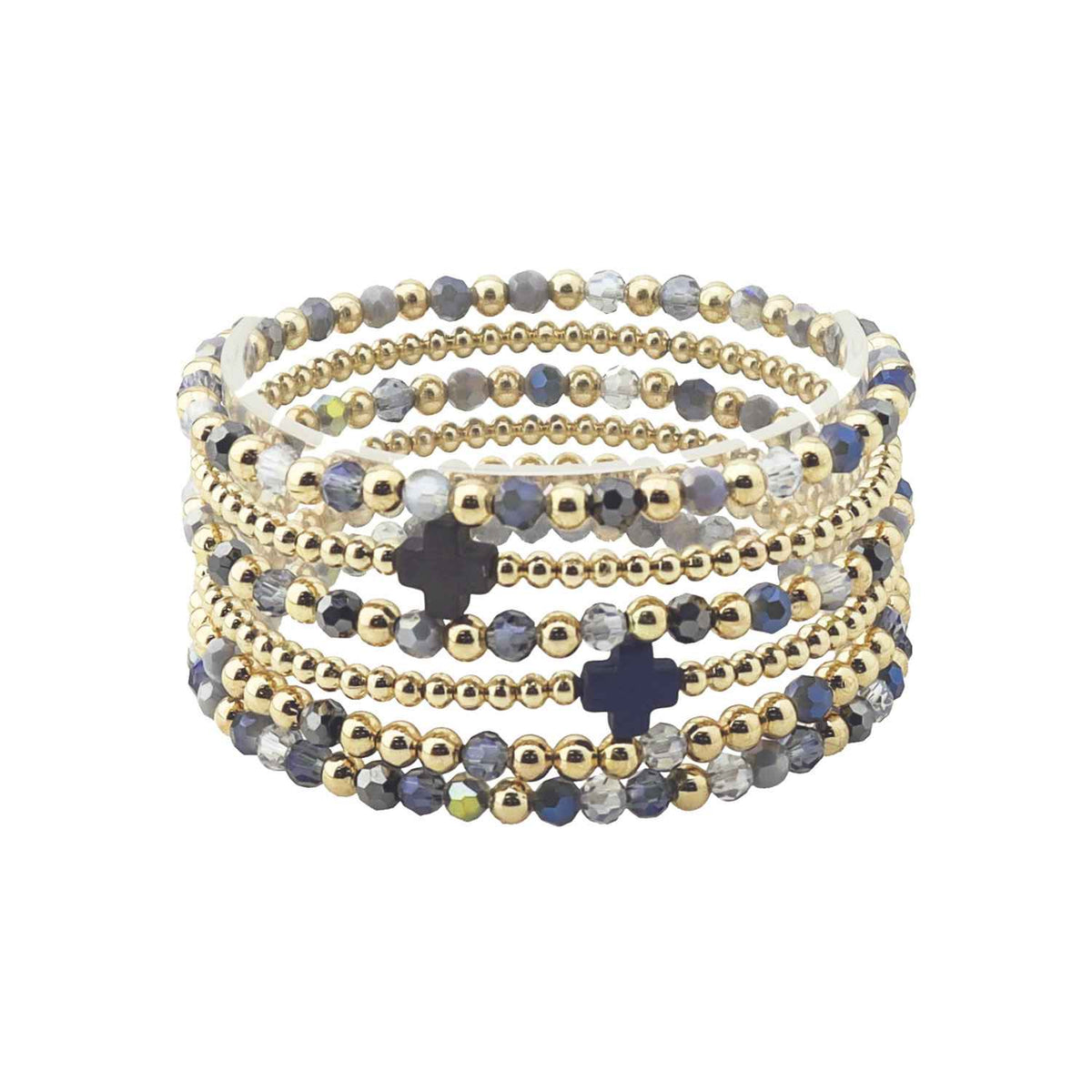 Navy Multi Crystal with Gold and Cross Set of 6 Stretch Bracelets