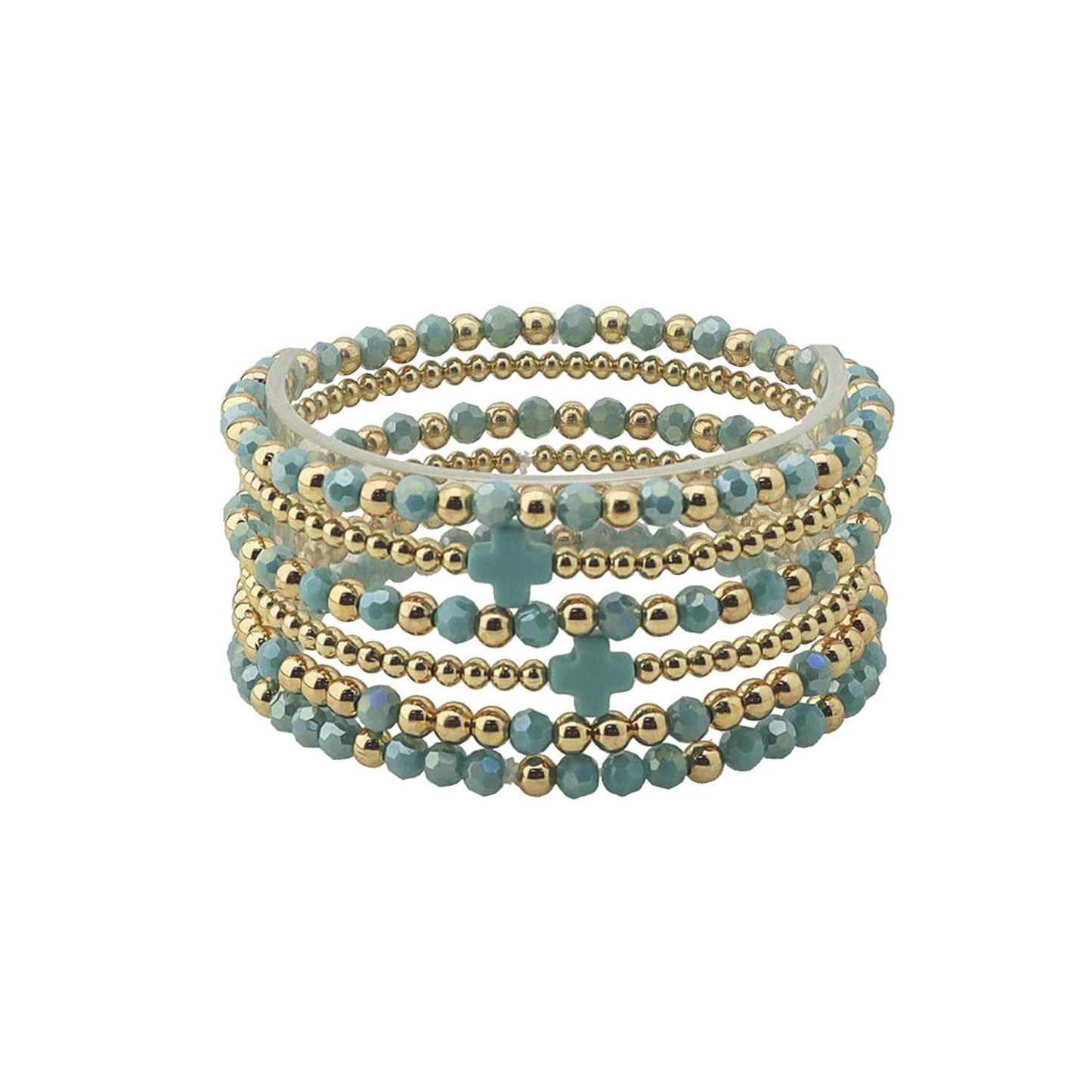 Turquoise Crystal and Gold Beaded Set of 5 with Crosses Stretch Bracelet