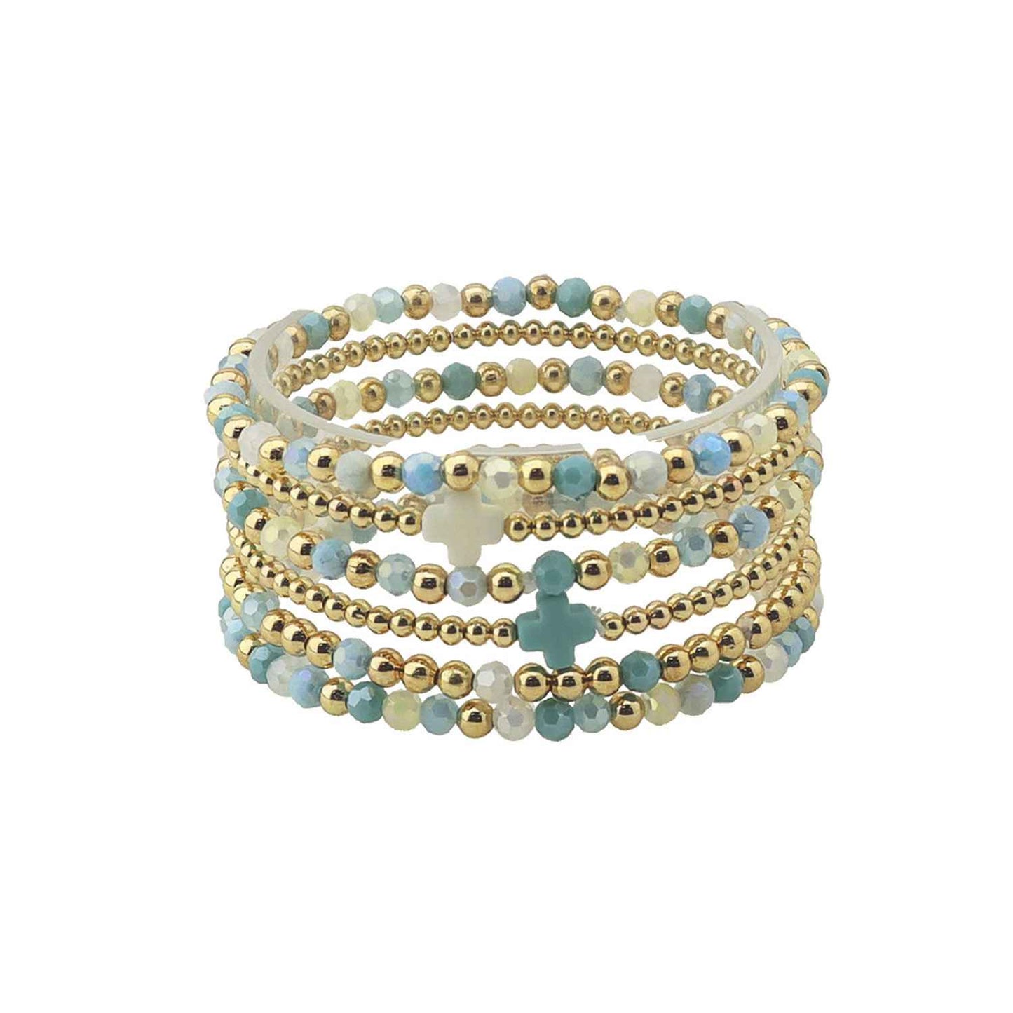 Set of 5 Gold and Turquoise Multi Crystal with Cross Stretch Bracelets