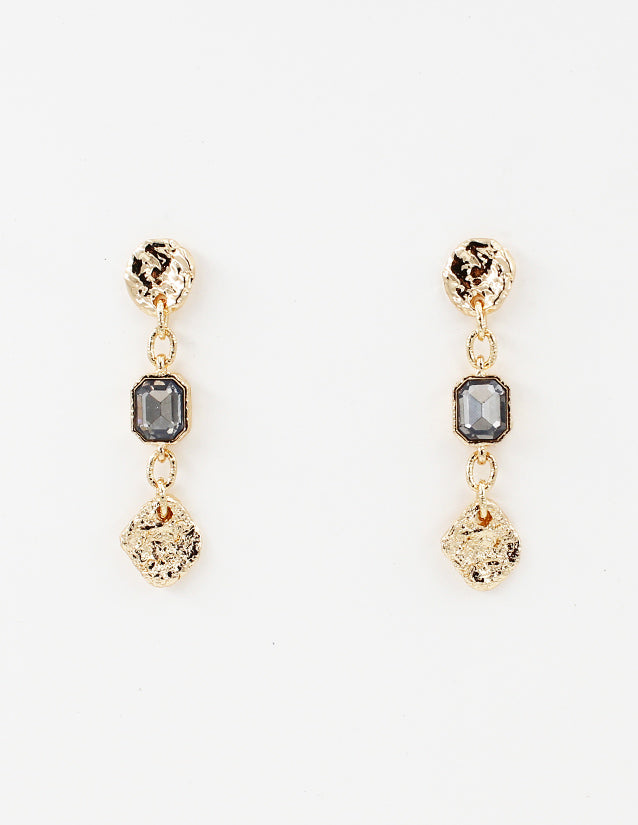 Gold Hammered Coin with Black Diamond Crystal Drop 2" Earring