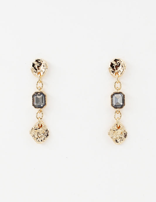 Gold Hammered Coin with Black Diamond Crystal Drop 2" Earring