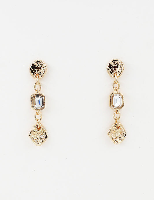 Gold Hammered Coin with Clear Crystal Drop 2" Earring
