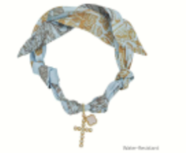 Natural Blue/Creams Scarf Necklace with Cross and Pearlized Clover Charm