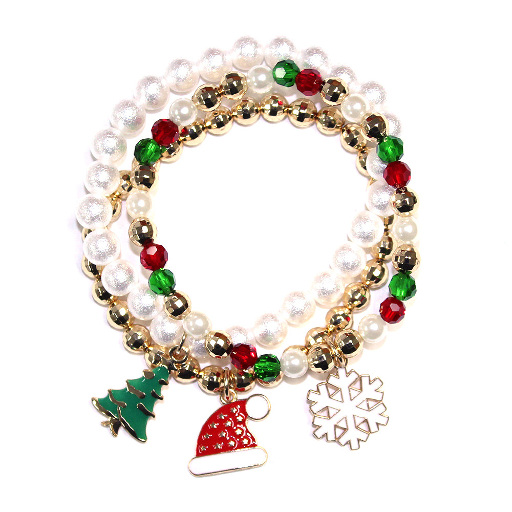 Pearl, Red/Green, and Gold Set of Three Stretch Bracelets with Christmas Charms