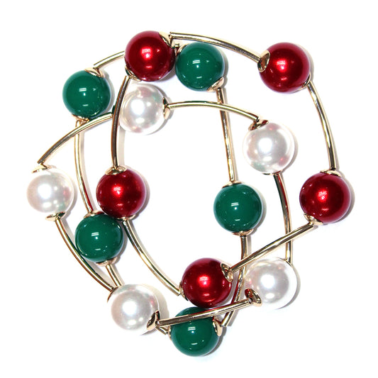 Pearl, Red, and Green Beaded Set of Three Christmas Stretch Bracelets