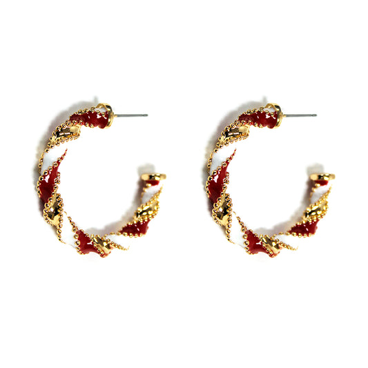 Red and White Color Coated Wrapped 1.5" Hoop Earring