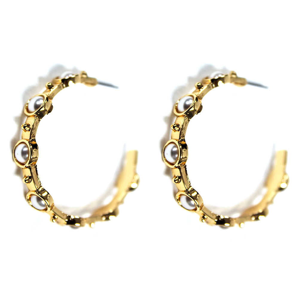 Hammered Gold 2" Hoop with Pearl Studded Stone Earring