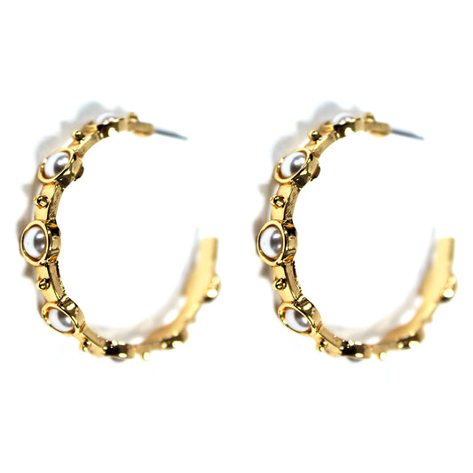 Hammered Gold 2" Hoop with Pearl Studded Stone Earring
