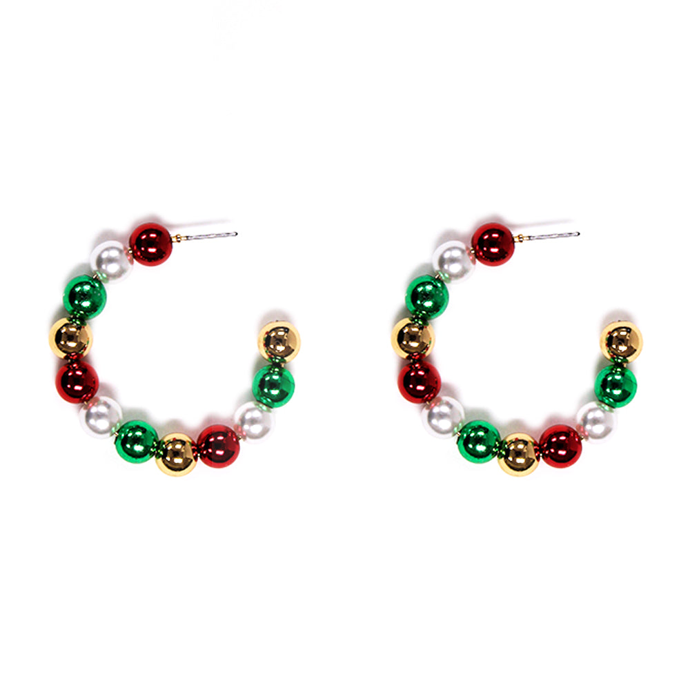 Set of Three Red, White, Green Christmas Beaded 1" Hoop Earring
