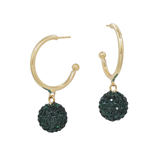 Christmas Gold Hoop with Green Rhinestone Ball Drop 1.5" Earring