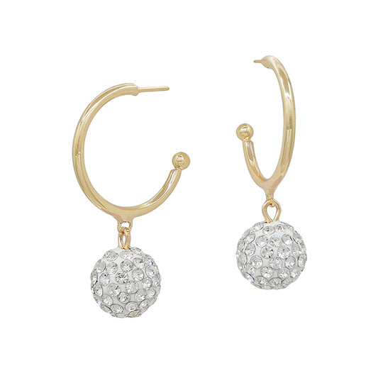 Christmas Gold Hoop with White Rhinestone Ball Drop 1.5" Earring