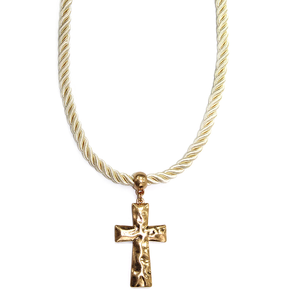 Ivory Wrapped Cord with Gold Large Cross Charm 18"-20" Necklace