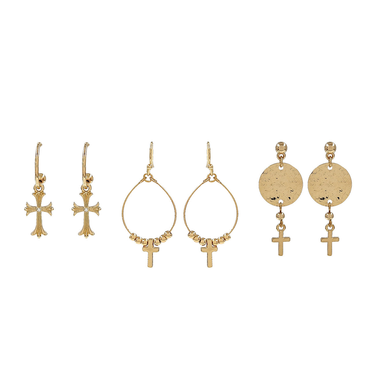 Set of 3 Small Gold Cross Earrings