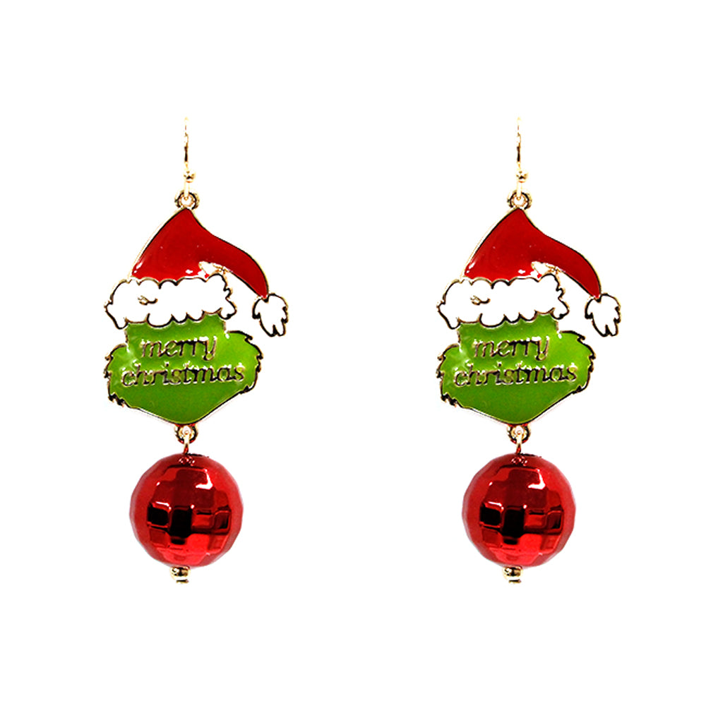 Merry Christmas Grinch with Red Ball Drop Earring