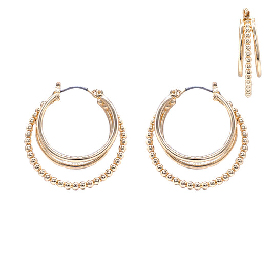Gold Triple Layered Beaded Hoop 1.5" Earring