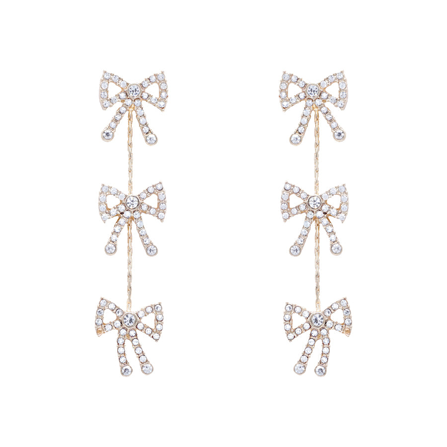 Gold Rhinestone Triple Drop Bow 2.5" Earring