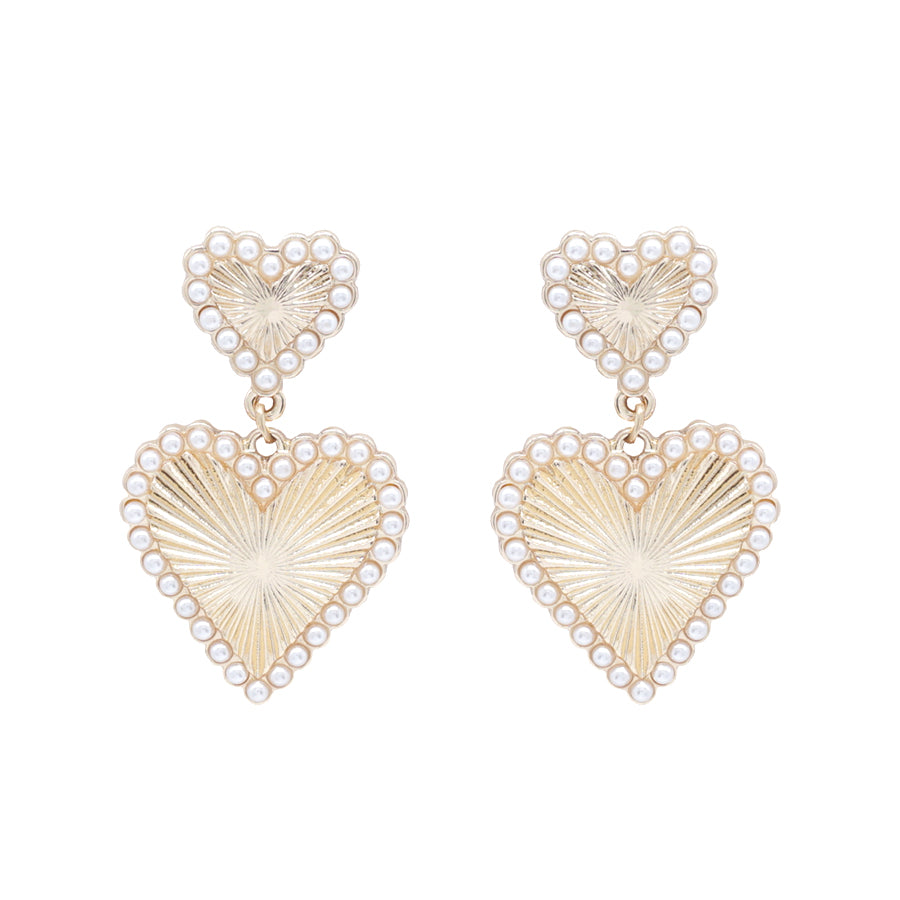 Pearl Studded Double Heart Drop 1.75" Stud Earring