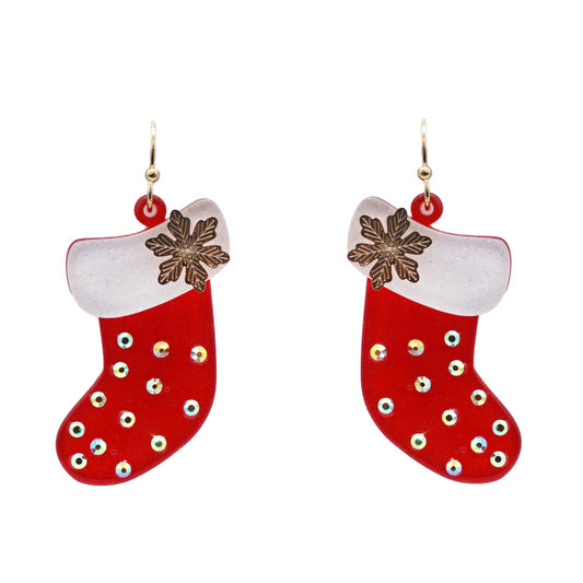 Christmas Red Stockings with Gold Snowflake Accent 1.25" Earring