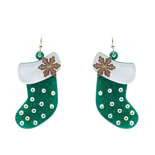 Christmas Green Stockings with Gold Snowflake Accent 1.25" Earring