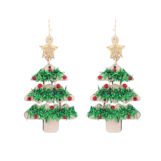 Christmas Wooden Christmas Tree with Green Tinsel Accents 2" Earring
