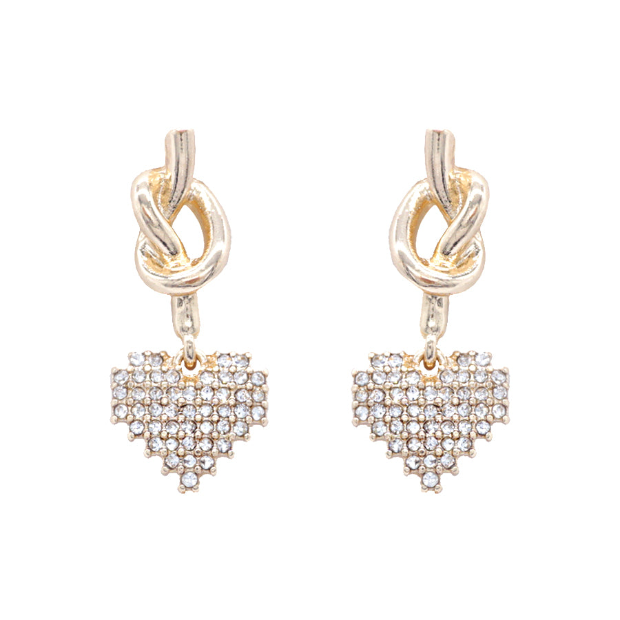 Gold Knotted Stud Earring with Rhinestone Heart 1.5" Earring