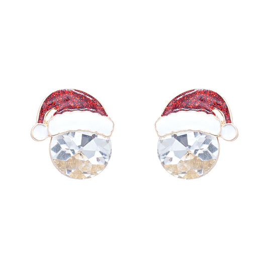 Christmas Clear Stone with Red Santa Hat .5" Stud Earring