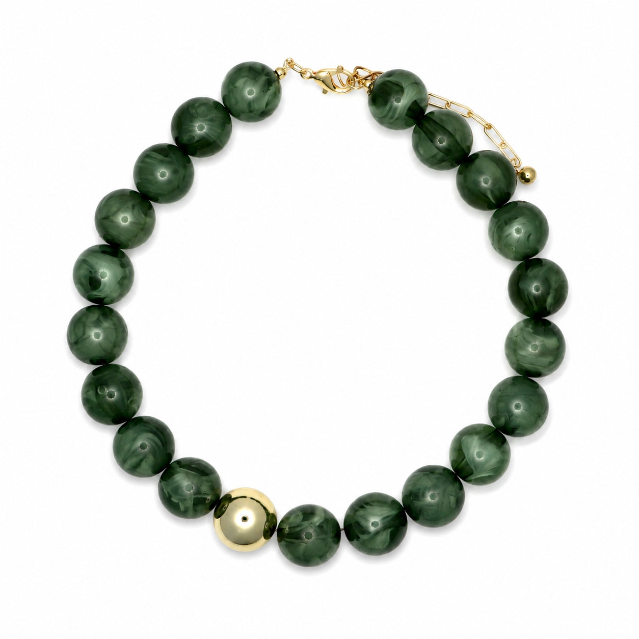 Olive Green Resin Beaded with Gold Ball Accent 16MM 16"-18" Necklace
