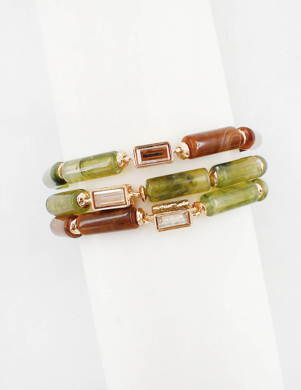 Olive and Brown Oval Stone and Crystal Beaded Set of 3 Stretch Bracelets