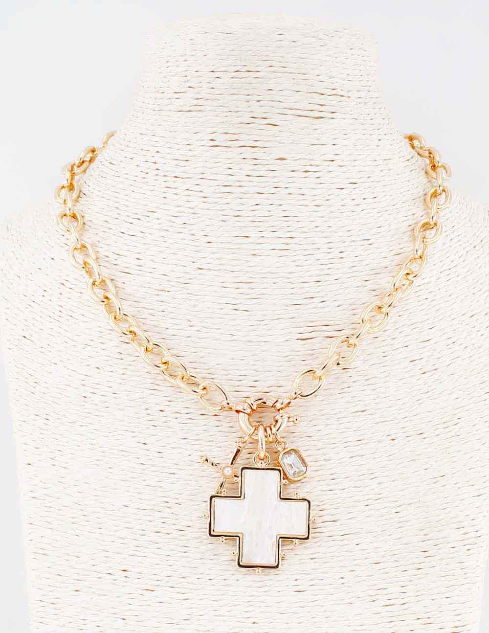 Gold Textured Chain with Pearlized Cross and Crystal Charms 16"-18" Necklace