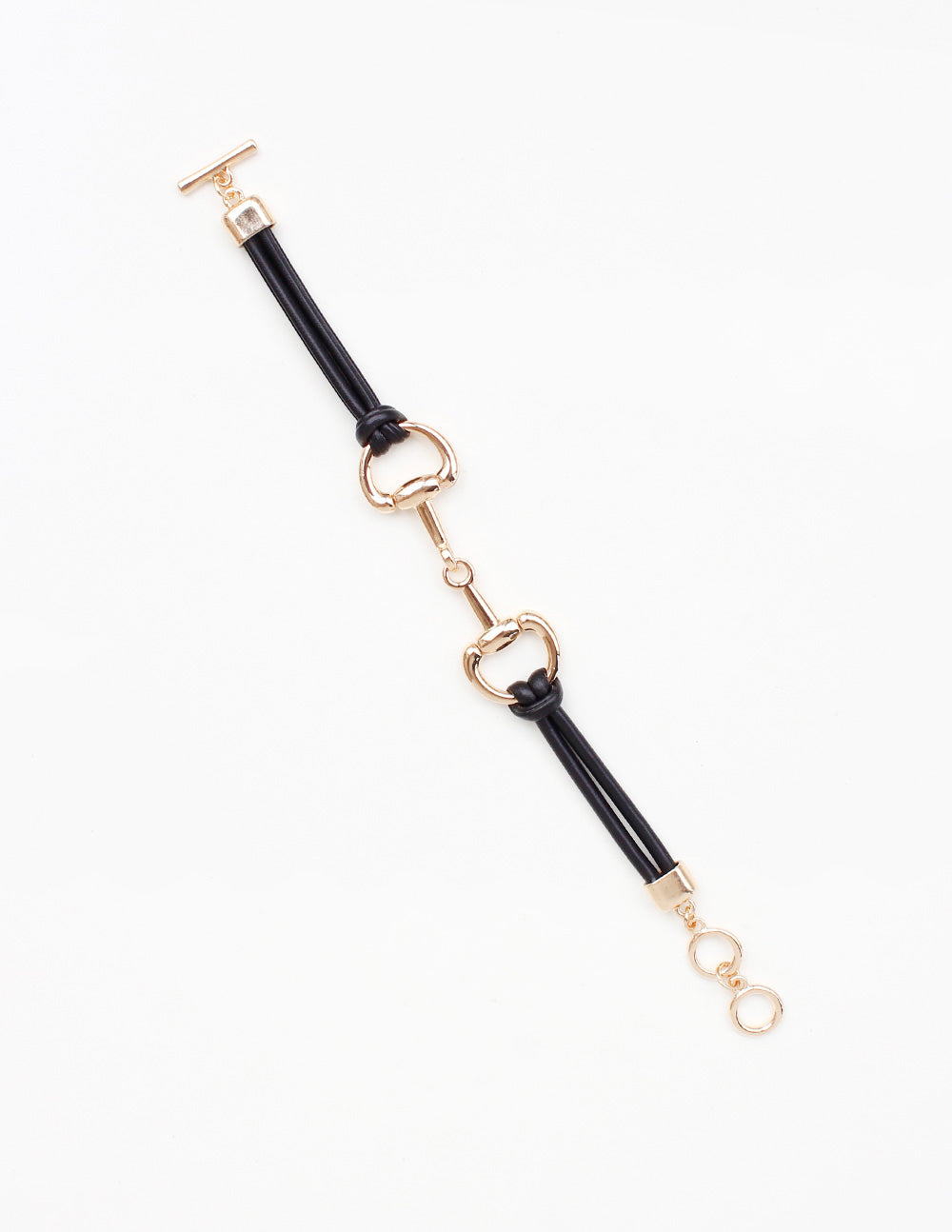 Black Leather Cord Bracelet with Gold Horse Bit Accents Toggle Bracelet