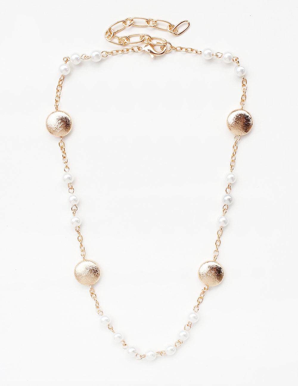 Gold Chain with Pearls and Gold Textured Coin 16"-18" Necklace