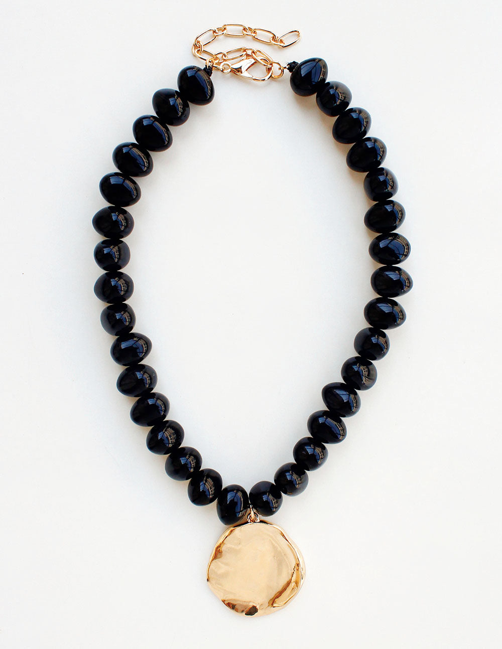 Black Chunky Beaded with Gold Hammered Coin Charm 16"-18" Necklace