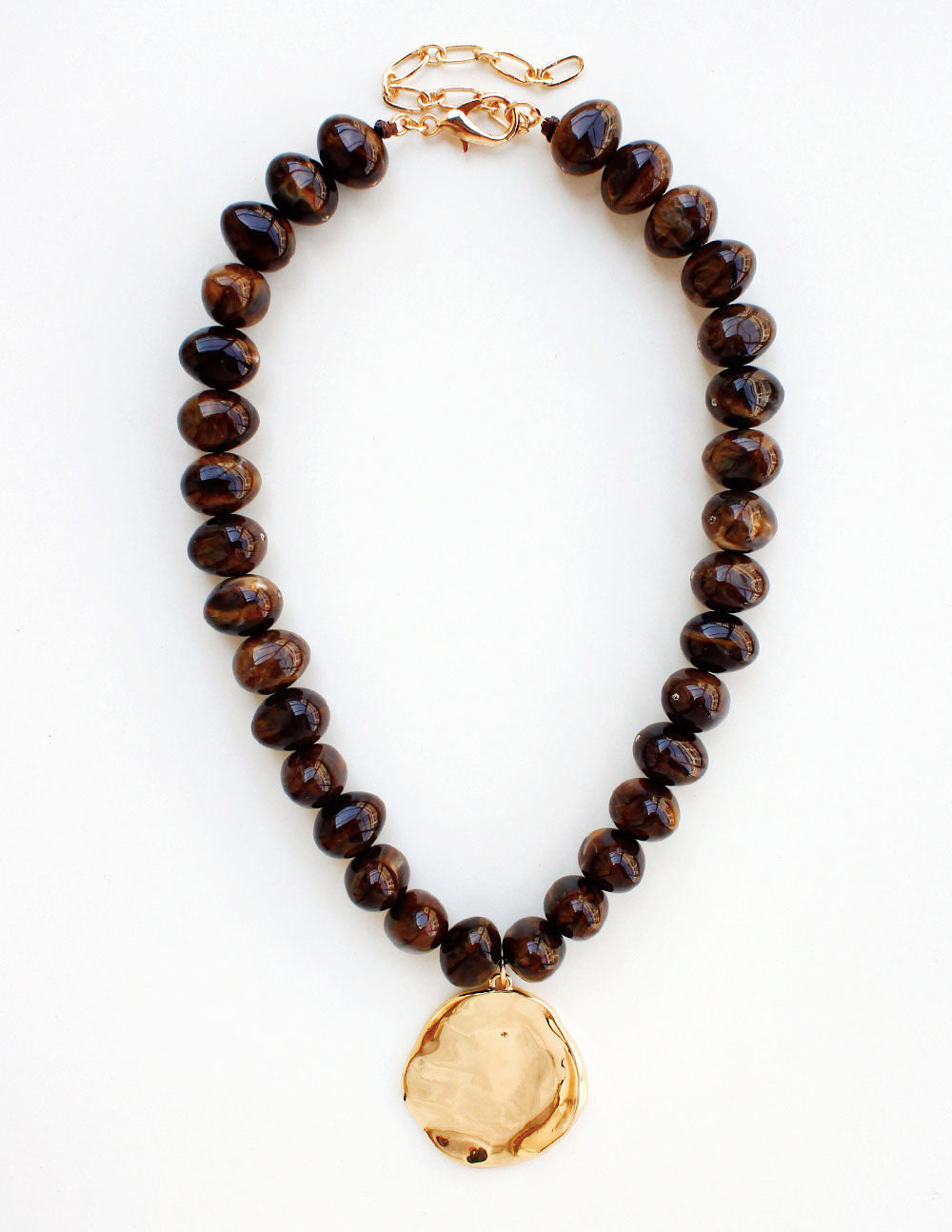 Brown Chunky Beaded with Gold Hammered Coin Charm 16"-18" Necklace