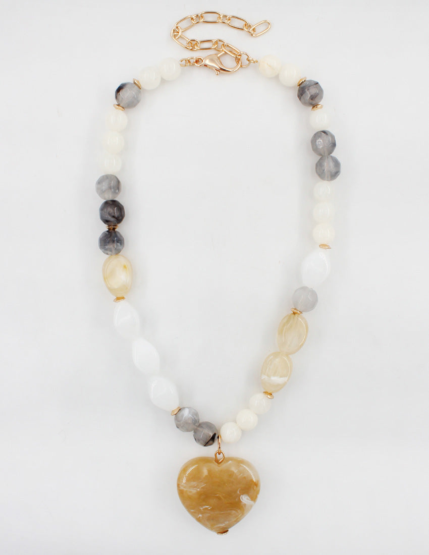 Grey, White, Cream Acrylic Beaded with Natural Heart Charm 16"-18" Necklace