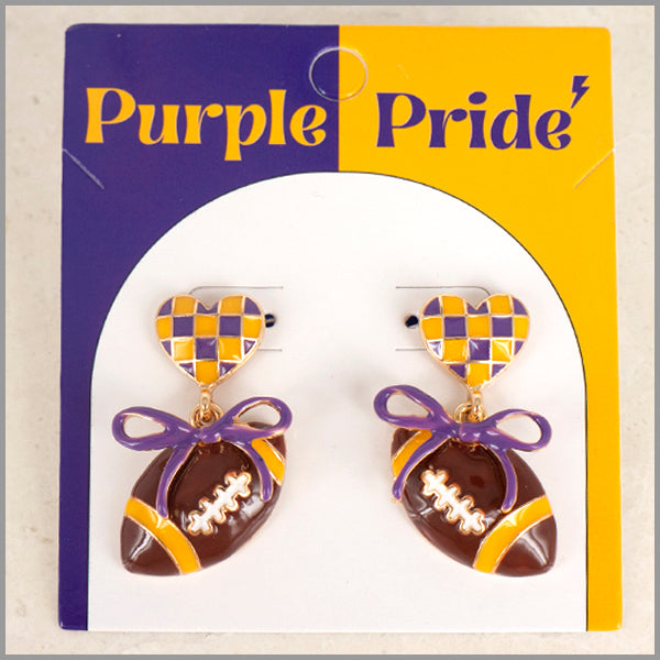 Purple and Yellow Color Coated Heart with Bow & Football Gameday Stud 1.5" Earring